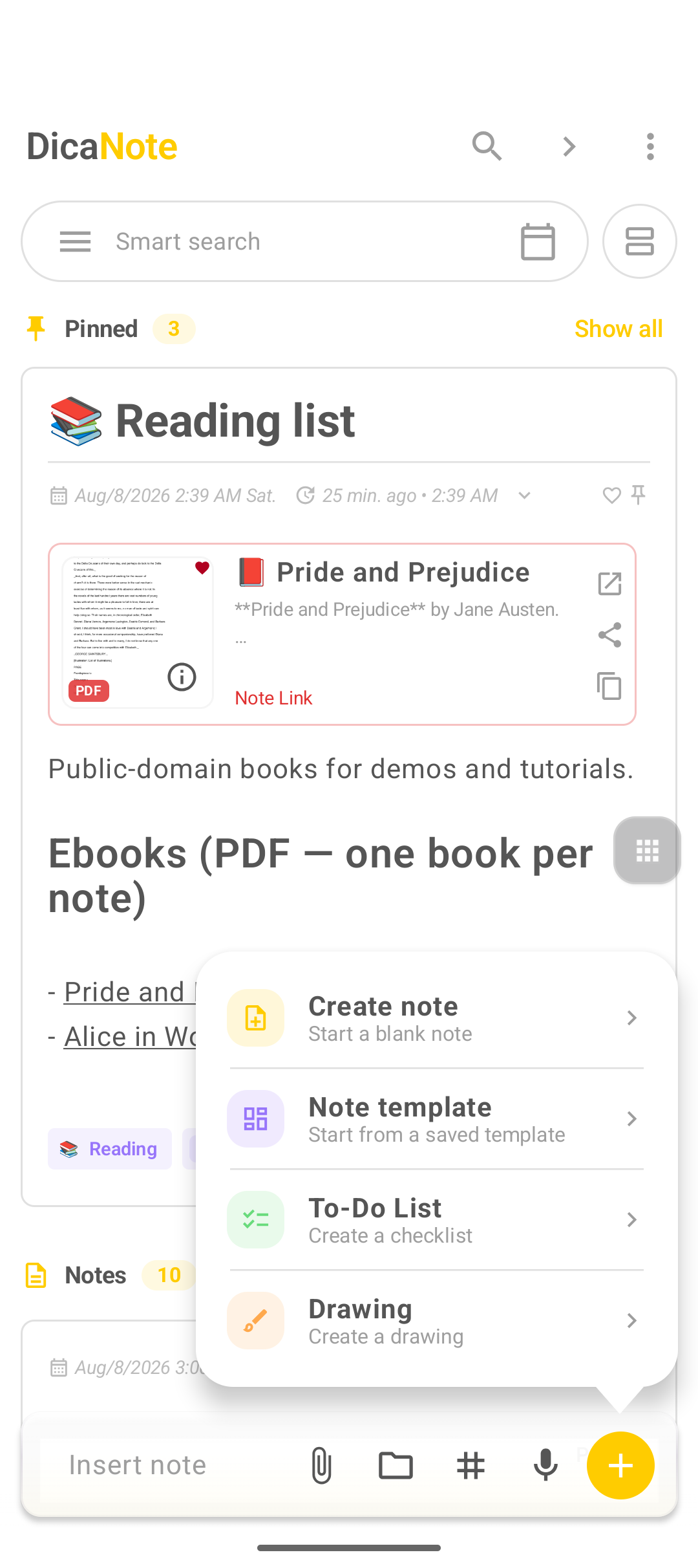 Menu de criaÃ§Ã£o do DicaNote com Create note, Note template, To-Do List e Drawing