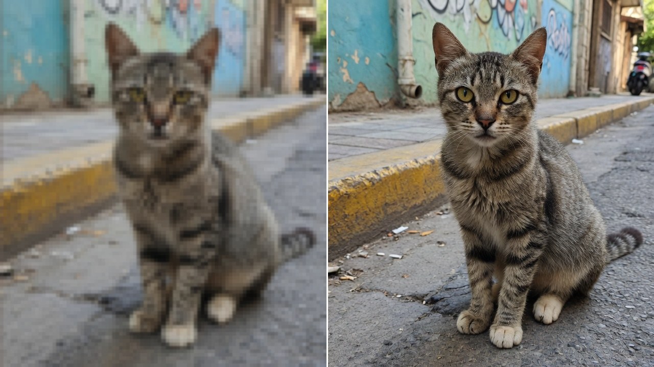 Antes e depois: foto pequena e borrada de um gato versus a mesma imagem com resolução e nitidez melhoradas